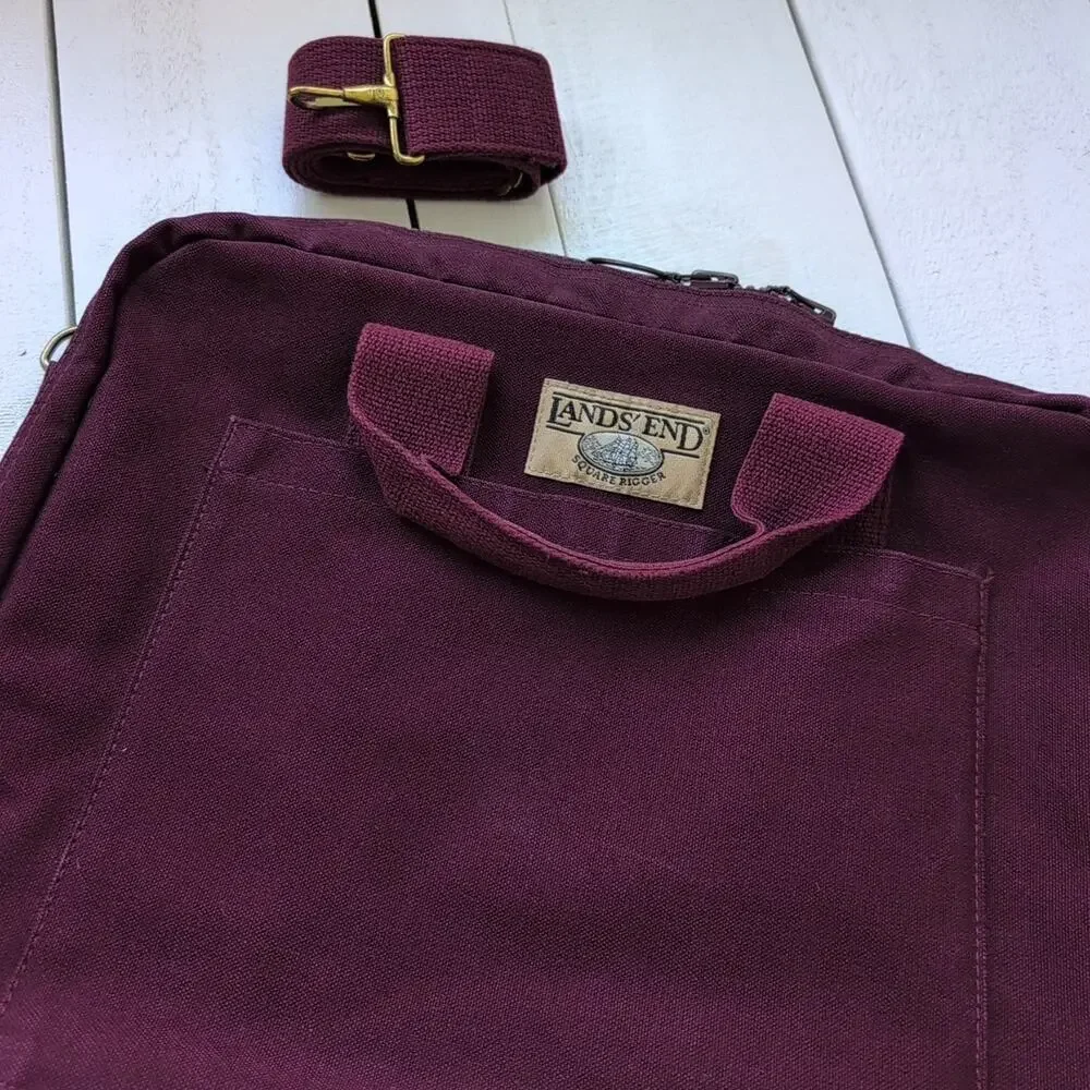 Vintage Maroon Canvas Lands' End Square Rigger Briefcase Bag Adjustable Strap